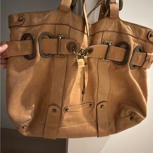 Leather Tan Tote with Buckle and Padlock Accent